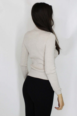 Bluza tricot Lya, cu guler inalt, striatii si aplicatii metalice, Crem1