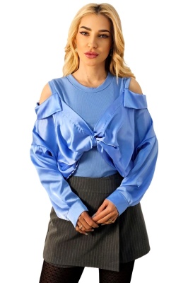 Camasa casual de dama ATLAZ, cu maneca lunga supradimensionata si umerii goi, Albastru Cyan, Marime S/M