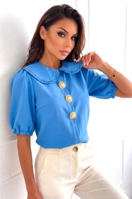 Camasa DARYA din bumbac, cu brose aurii si guler Peter Pan, Albastru Baby Blue, Marime S/M/L
