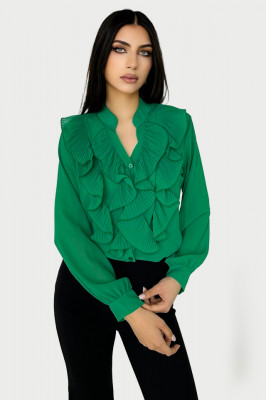 Camasa eleganta Dariana, cu textura vaporoasa, maneca lunga si volane maxi cu aspect plisat, Verde, Marime universala S/M/L2