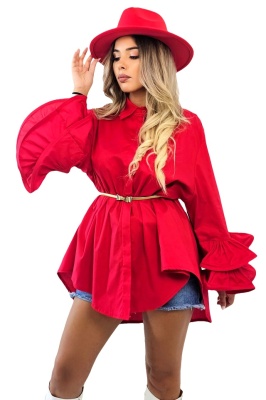 Camasa eleganta Sugar LoLLy, maneci cu volane si croi supradimensionat, Rosu, Marime S/M/L 4