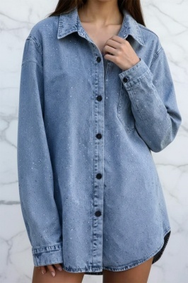 Camasa lunga denim Athens, cu aplicatii stralucitoare frontale, Albastru denim