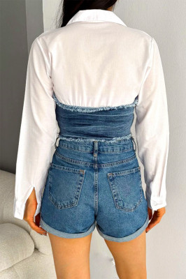 Camasa scurta Adelina, cu maneca lunga si panou din denim, Albastru  spate