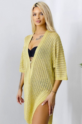 Cardigan clasic Crochet Gold, cu taieturi laterale si brosa, Auriu, Marime S/M/L 2
