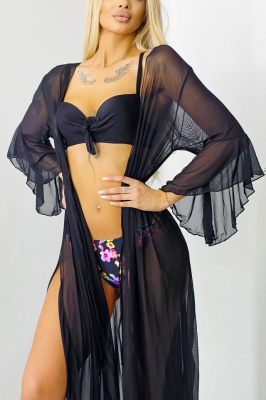 Cardigan de plaja LEXA, cu maneca evazata si snur in talie, Negru 3