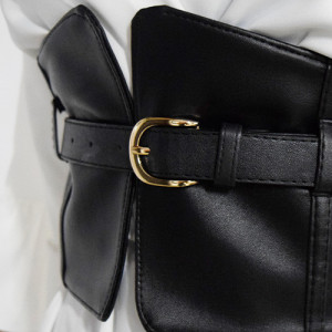 Centura corset Crazy neagra, lata, din piele ecologica, cu banda elastica si curea de prindere