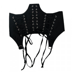 Centura corset Triple neagra, lata, din piele ecologica, cu banda elastica si snururi