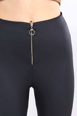 Colanti fitness Velly, piele eco, cu fermoar si aspect mat, Negru 1