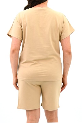 Compleu batal Melis, cu tricou imprimat si pantaloni scurti, Crem 1