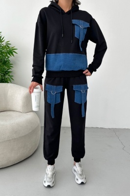 Compleu bumbac si denim ALFENA, cu pantaloni si hanorac cu gluga, Negru detaliu