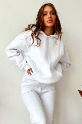 Compleu bumbac vatuit Alexis, bluza cu gluga si pantaloni cu buzunare, Alb 2