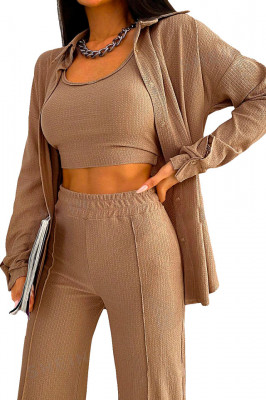 Compleu casual Aleksa, din trei piese, cu top, camasa si pantaloni evazati, Bej 3