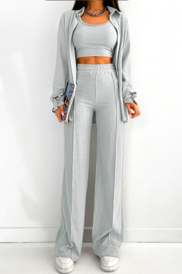 Compleu casual Aleksa, din trei piese, cu top, camasa si pantaloni evazati, Silver 2
