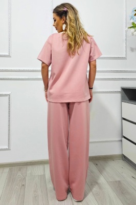 Compleu casual CRYSSA, bluza oversize cu accesoriu in relief si pantaloni lungi, Roz, oversize detaliu spate