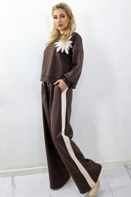 Compleu casual cu motiv floral KEORA, bluza si pantaloni oversize, Maro, Marime S/M/L