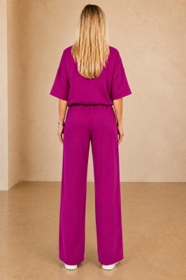 Compleu casual, doua piese Solenne, cu detaliu floral si cristale, Fucsia, Marime S/M/L detaliu spate