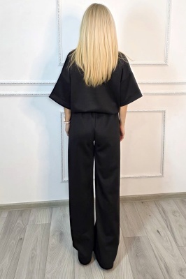 Compleu negru dama cu pantaloni largi si bluza