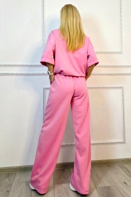 Compleu casual doua piese Solenne, cu detaliu floral si marime universala, Roz, detaliu spate