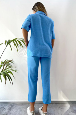 Compleu casual Dusk, cu textura creponata, camasa cu maneca scurta si pantaloni cu snur in talie, Albastru2
