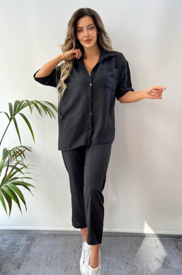 Compleu casual Dusk, cu textura creponata, camasa cu maneca scurta si pantaloni cu snur in talie, Negru