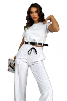 Compleu casual Kaliana, cu tricou scurt, curea si pantaloni cu nervura, Alb 3