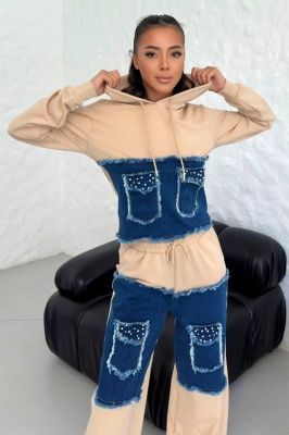 Compleu casual MIRRA Pearl, cu bumbac si denim, Bej 2