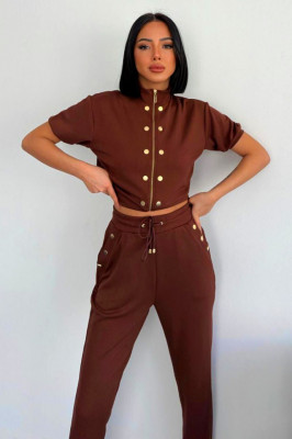 Compleu casual NonCom, bluza lejera cu maneca scurta si pantaloni cu snur si detalii metalice, Maro 1