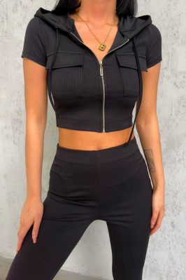 Compleu casual Tenis, bluza crop cu maneca scurta si pantaloni evazati, Negru 1