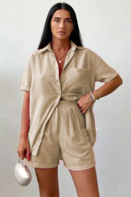 Compleu cu bumbac creponat, Jolin, camasa si pantaloni scurti cu pense, Bej 5