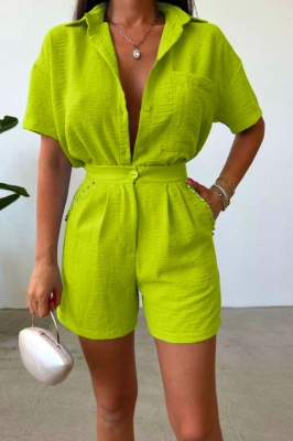 Compleu cu bumbac creponat, Jolin, camasa si pantaloni scurti cu pense, Verde olive detaliu