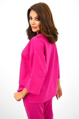 Compleu dama Radiant Pair, cu pantaloni, lungime asimetrica si bluza cu cristale, Fucsia spate