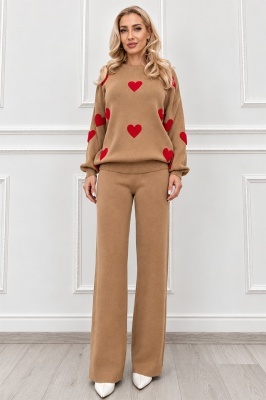 Compleu dama tricotat NERELIA, cu lana, bluza cu inimi si pantaloni drepti, Maro, Marime unica S/M/L
