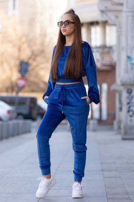 Compleu de catifea Dyia, pantaloni si bluza cu umar cazut, Albastru1