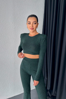 Compleu de ocazie, Vayana, bluza crop cu accent la umeri si pantaloni evazati, Verde 1