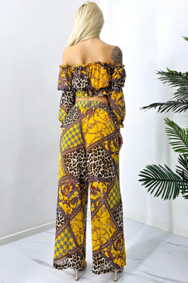 Compleu de vara Bouquet, pantaloni lejeri si camasa cu volane, Galben Leopard, Marimea S/M/L spate