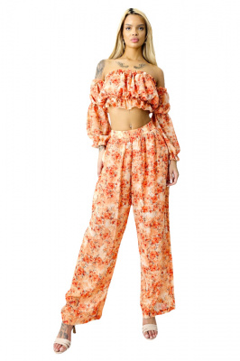 Compleu de vara Bouquet, pantaloni lejeri si camasa cu volane, Portocaliu, Marimea S/M/L 3