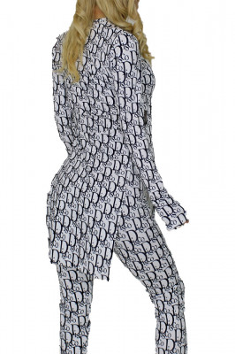 Compleu din doua piese Wonder Disco, imprimeu cu tonuri realiste, bluza cu slituri laterale si pantaloni cu textura elastica, Alb4