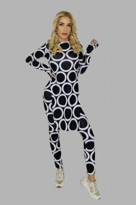 Compleu din doua piese Wonder Dots, imprimeu cu tonuri realiste, bluza cu slituri laterale si pantaloni cu textura elastica, Alb/Negru