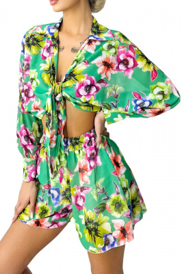 Compleu estival AdeLLa, cu camasa vaporoasa si pantaloni scurti, Verde, Marime S/M 2