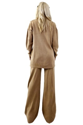 Compleu lejer cu lana ELETRA, bluza asimetrica si cristale laterale, BEJ, Marime M/L