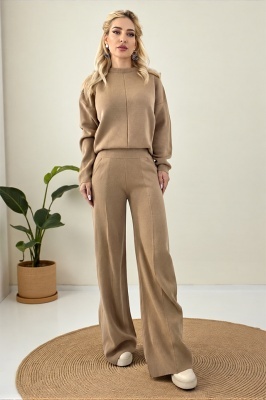 Compleu lejer cu lana ELETRA, bluza asimetrica si cristale laterale, BEJ, Marime M/L