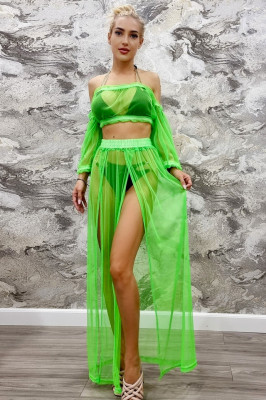Compleu Naila, din plasa, cu fusta si top scurt, Verde Fosforescent