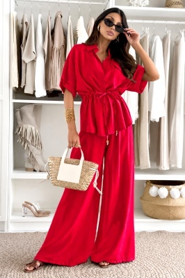 Compleu oversize AZMIRA, camasa vaporoasa si pantaloni lejeri, Rosu, Marime S/M/L