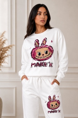 Compleu sport Bubelle, cu LA Bubu si pantaloni jogger, ALB detaliu