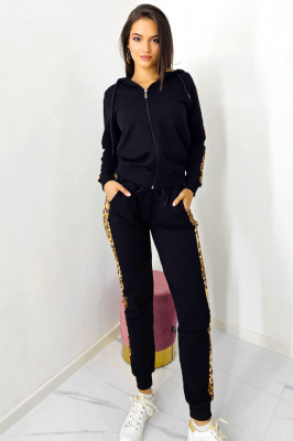 Compleu sport, dama, Jogger, pantaloni cu garnitura animal print si bluza cu fermoar, Negru