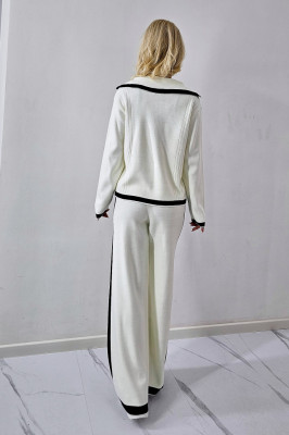 Compleu tricot bicolor Amiral, bluza cu butoni si pantaloni evazati, Alb, Marime S/M spate