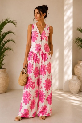 Compleu vaporos Arioso, imprimeu mediteranean, pantaloni palazzo si vesta, Roz