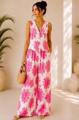 Compleu vaporos Arioso, imprimeu mediteranean, pantaloni palazzo si vesta, Roz