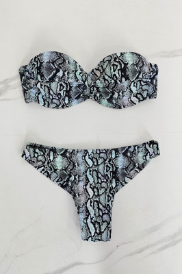 Costum de baie doua piese Kenya, animal print, cu sutien buretat si slip brazilian, Snake3