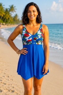 Costum de baie tankini ELARIS, cu bretele reglabile si boxeri, Marimi Mari - Batal, Floral Blue